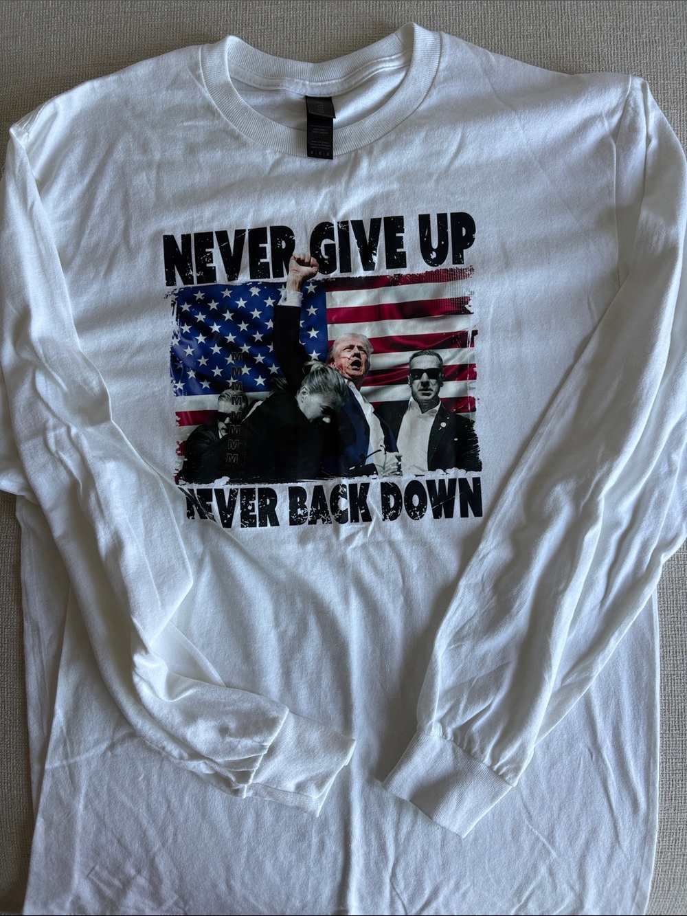 Gildan White Long-Sleeve Shirt with Patriotic Graphic